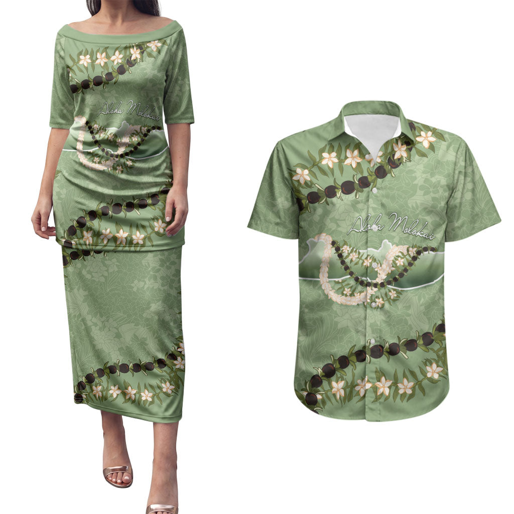 Hawaii Molokai Island Flowers Lei Couples Matching Puletasi and Hawaiian Shirt Kukui Nut Mossy Green