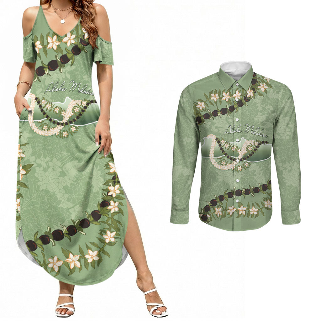Hawaii Molokai Island Flowers Lei Couples Matching Summer Maxi Dress and Long Sleeve Button Shirt Kukui Nut Mossy Green