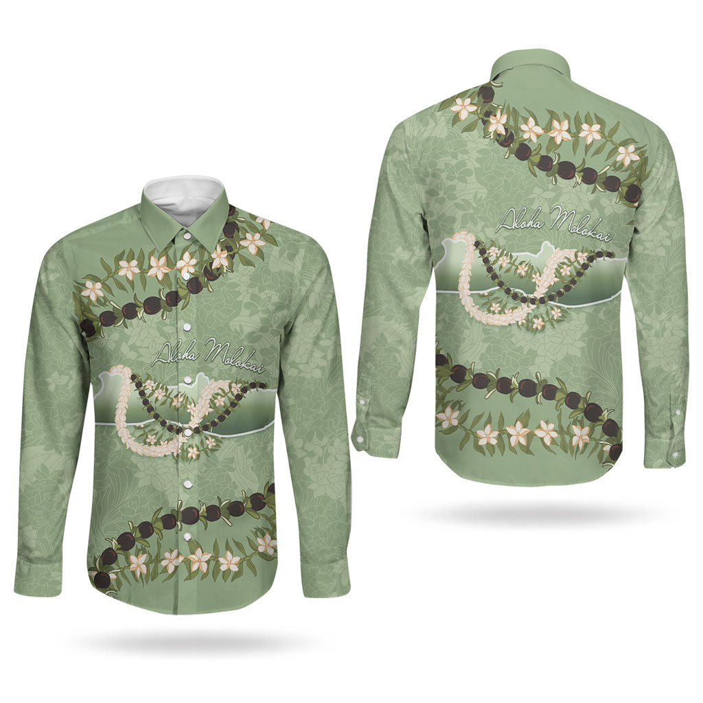 Hawaii Molokai Island Flowers Lei Couples Matching Summer Maxi Dress and Long Sleeve Button Shirt Kukui Nut Mossy Green