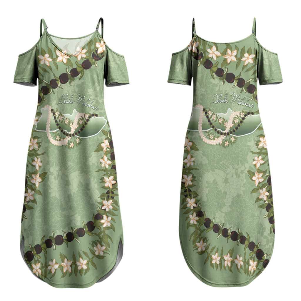 Hawaii Molokai Island Flowers Lei Couples Matching Summer Maxi Dress and Long Sleeve Button Shirt Kukui Nut Mossy Green