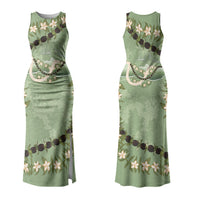 Hawaii Molokai Island Flowers Lei Couples Matching Tank Maxi Dress and Long Sleeve Button Shirt Kukui Nut Mossy Green