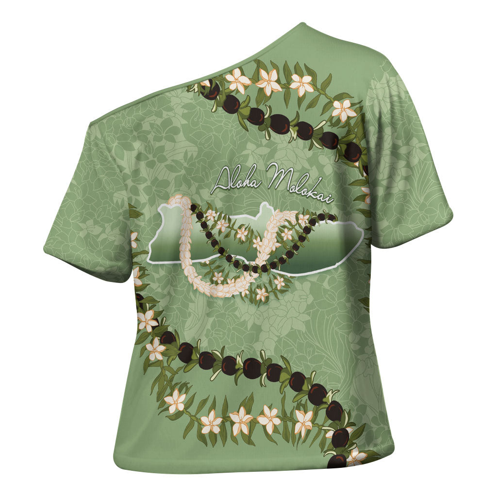 Hawaii Molokai Island Flowers Lei Cross Shoulder Shirt Kukui Nut Mossy Green