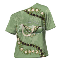 Hawaii Molokai Island Flowers Lei Cross Shoulder Shirt Kukui Nut Mossy Green