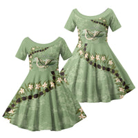Hawaii Molokai Island Flowers Lei Family Matching Off Shoulder Maxi Dress and Hawaiian Shirt Kukui Nut Mossy Green