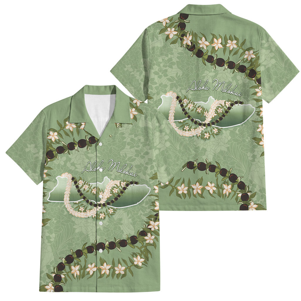 Hawaii Molokai Island Flowers Lei Family Matching Off Shoulder Short Dress and Hawaiian Shirt Kukui Nut Mossy Green