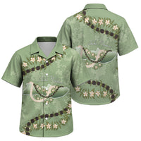 Hawaii Molokai Island Flowers Lei Family Matching Off Shoulder Short Dress and Hawaiian Shirt Kukui Nut Mossy Green