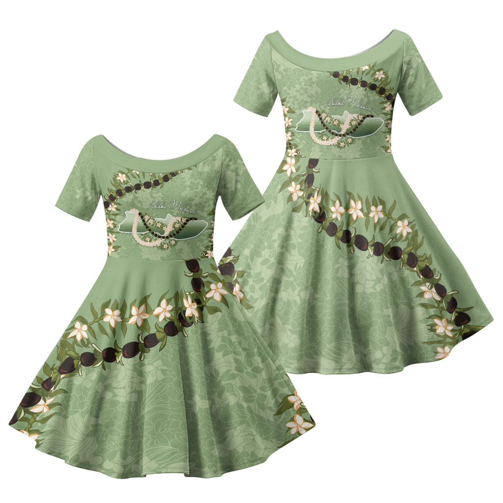 Hawaii Molokai Island Flowers Lei Family Matching Puletasi and Hawaiian Shirt Kukui Nut Mossy Green