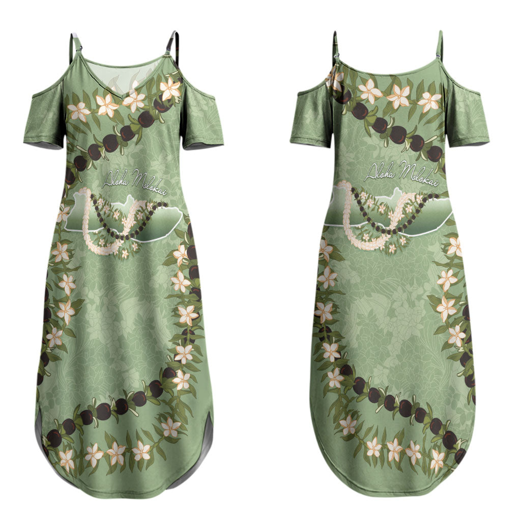 Hawaii Molokai Island Flowers Lei Family Matching Summer Maxi Dress and Hawaiian Shirt Kukui Nut Mossy Green