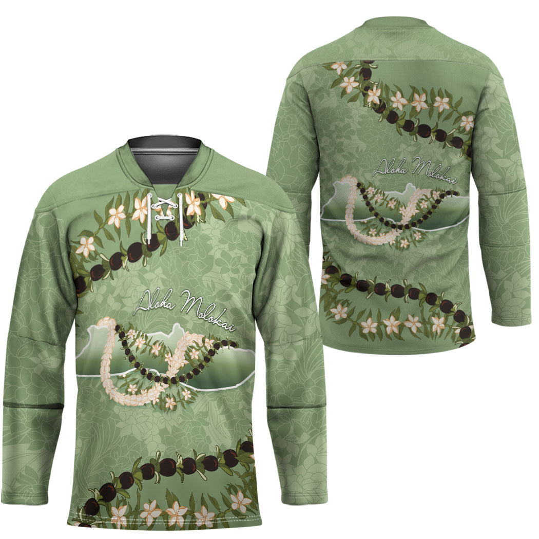 Hawaii Molokai Island Flowers Lei Hockey Jersey Kukui Nut Mossy Green
