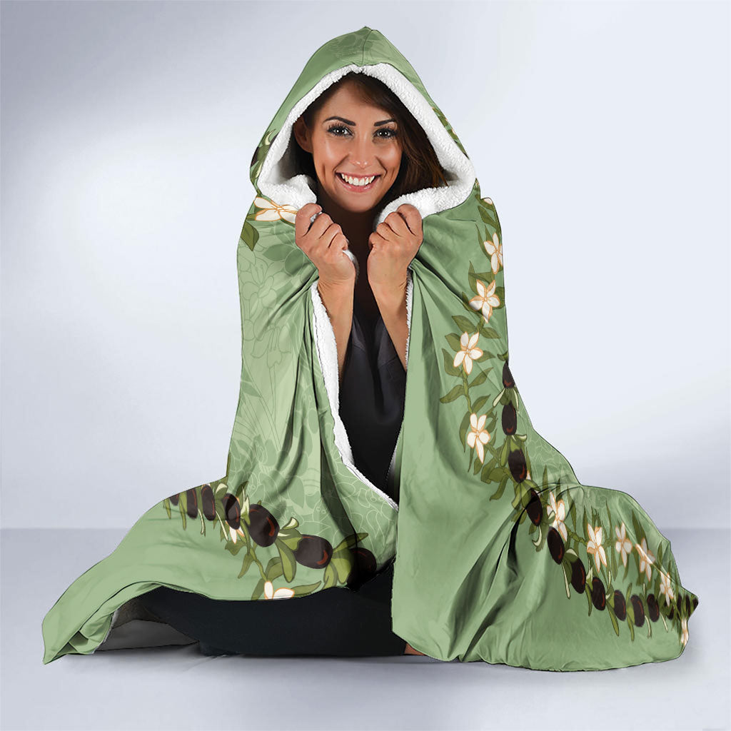 Hawaii Molokai Island Flowers Lei Hooded Blanket Kukui Nut Mossy Green