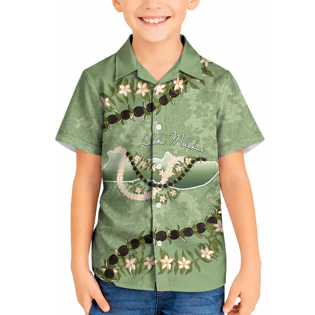 Hawaii Molokai Island Flowers Lei Kid Hawaiian Shirt Kukui Nut Mossy Green