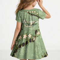 Hawaii Molokai Island Flowers Lei Kid Short Sleeve Dress Kukui Nut Mossy Green