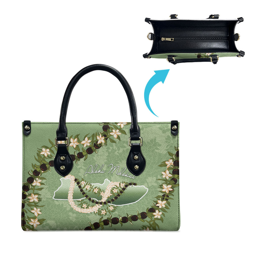 Hawaii Molokai Island Flowers Lei Leather Bag Kukui Nut Mossy Green