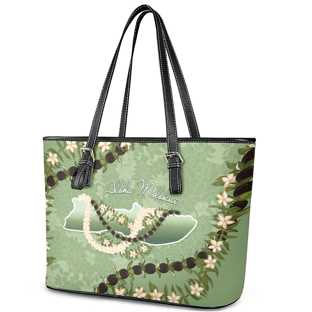Hawaii Molokai Island Flowers Lei Leather Tote Bag Kukui Nut Mossy Green