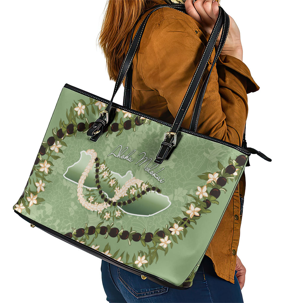 Hawaii Molokai Island Flowers Lei Leather Tote Bag Kukui Nut Mossy Green