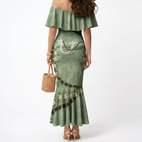 Hawaii Molokai Island Flowers Lei Mermaid Dress Kukui Nut Mossy Green