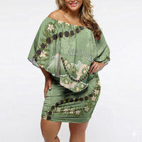Hawaii Molokai Island Flowers Lei Off Shoulder Short Dress Kukui Nut Mossy Green