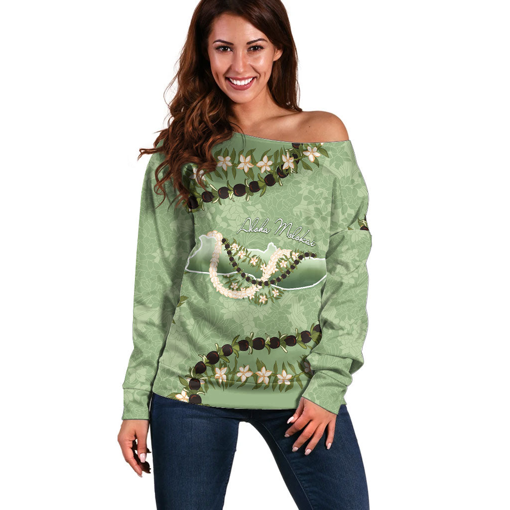 Hawaii Molokai Island Flowers Lei Off Shoulder Sweater Kukui Nut Mossy Green