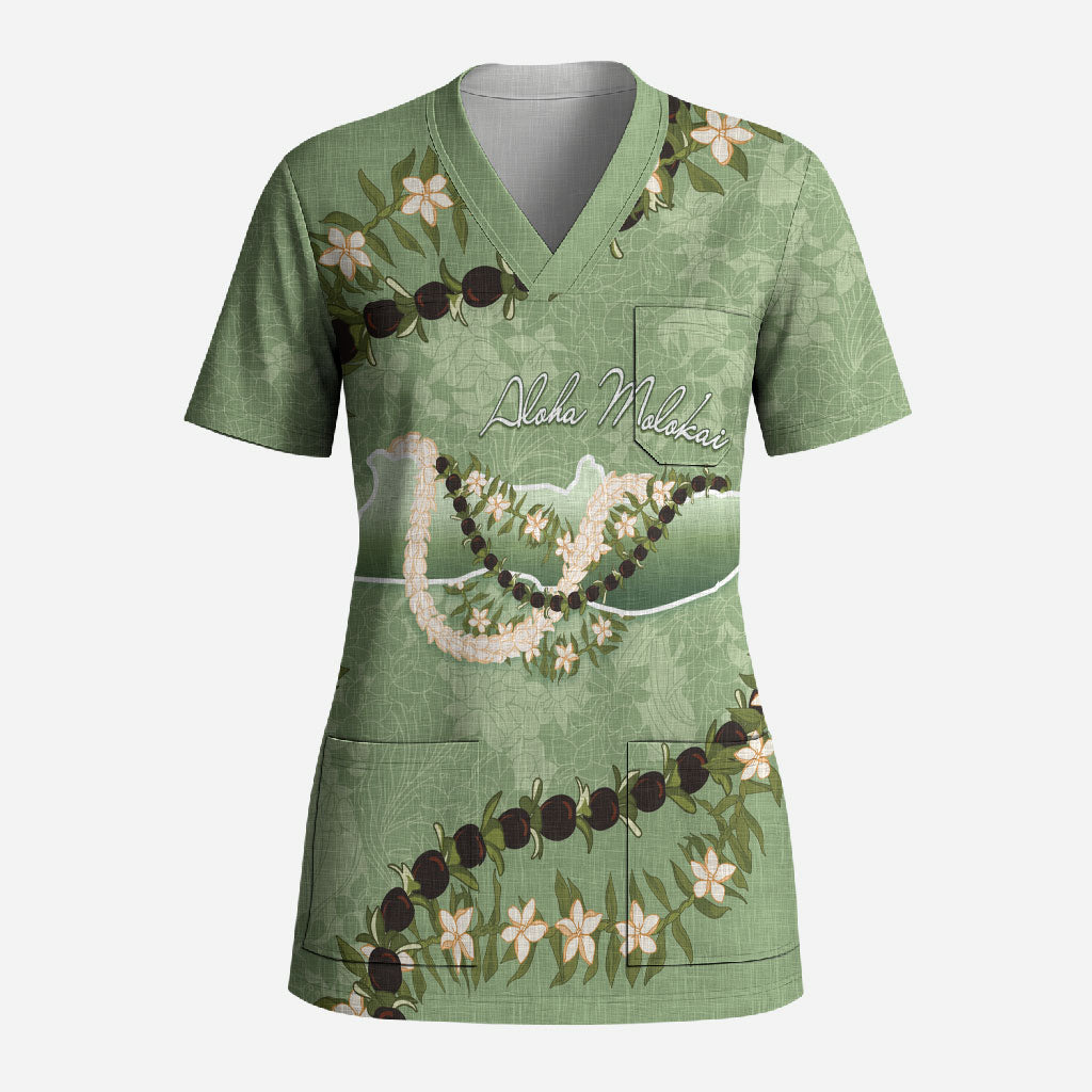 Hawaii Molokai Island Flowers Lei Scrub Top Kukui Nut Mossy Green