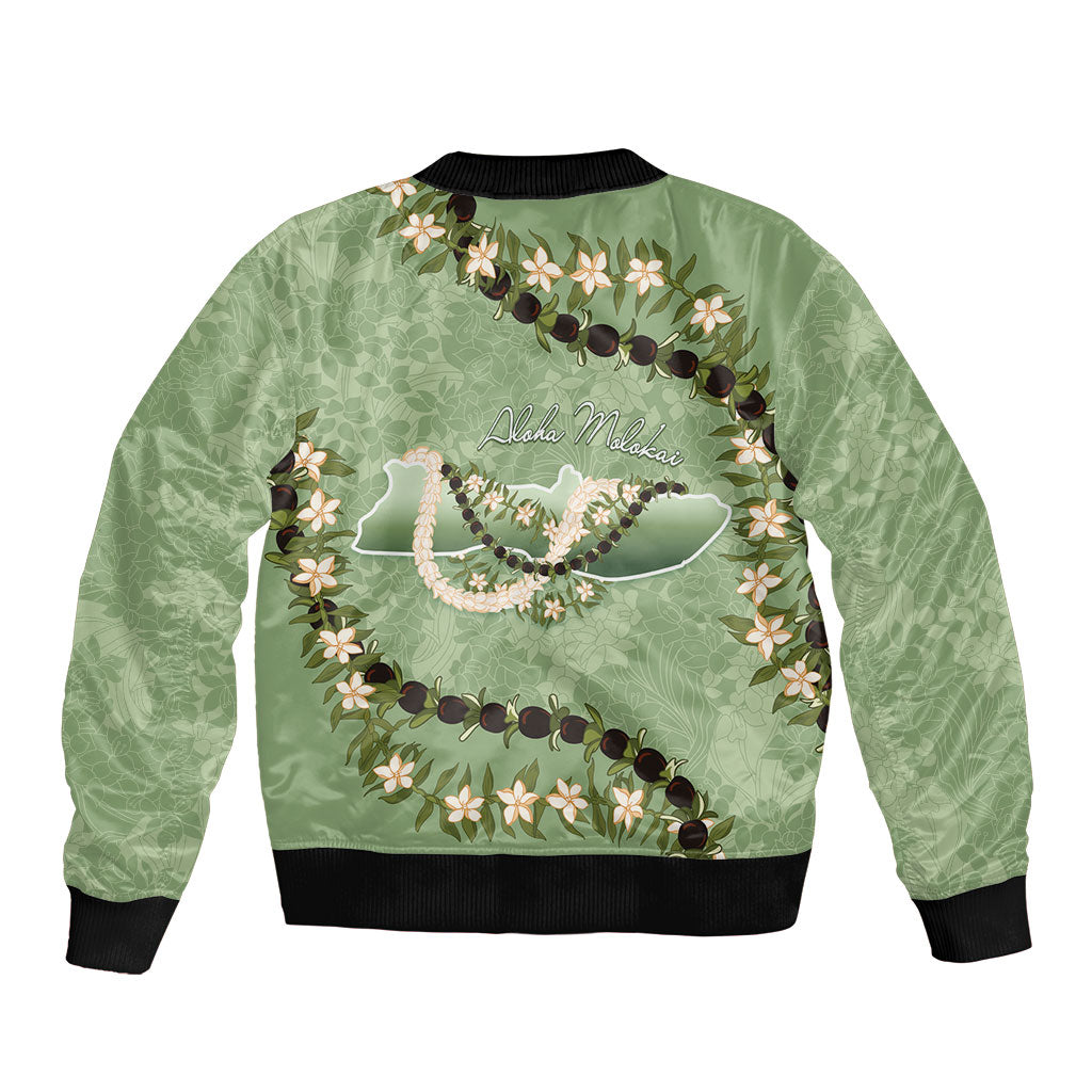 Hawaii Molokai Island Flowers Lei Sleeve Zip Bomber Jacket Kukui Nut Mossy Green