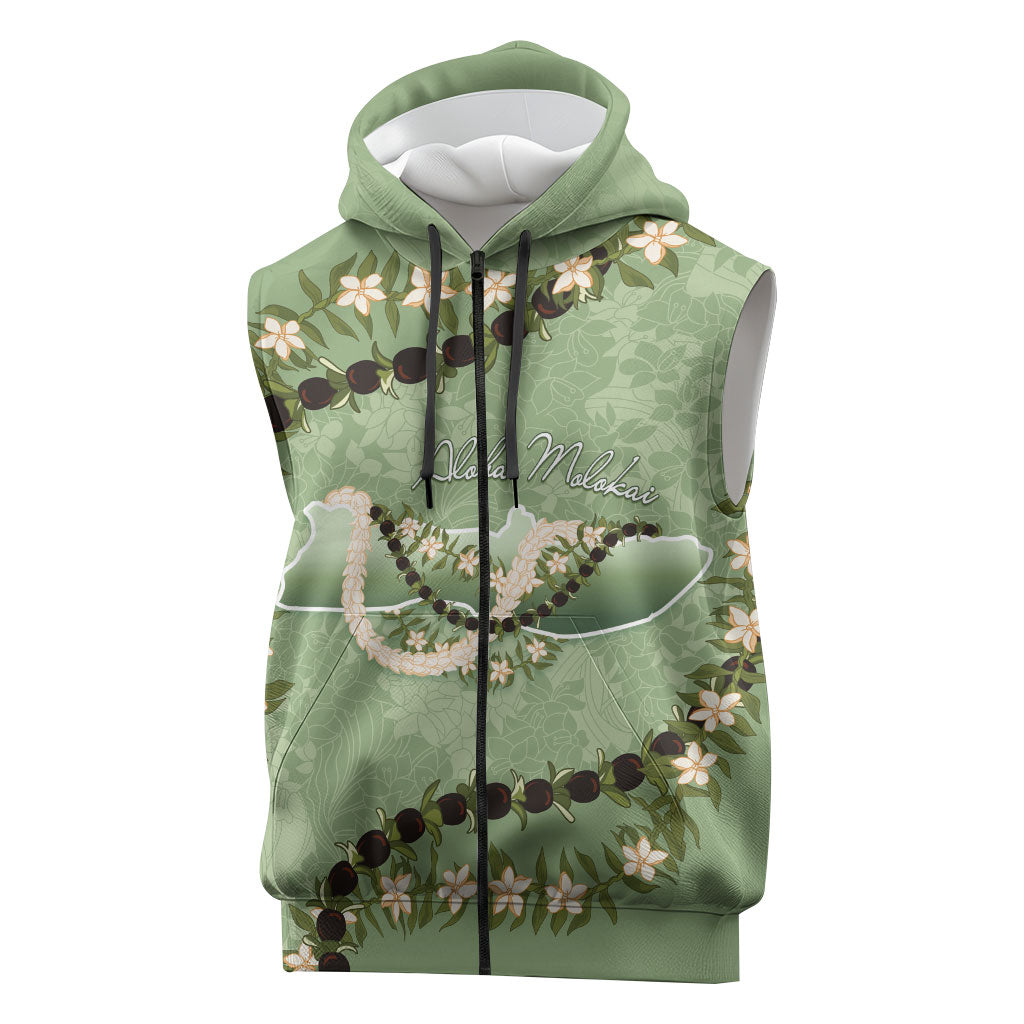 Hawaii Molokai Island Flowers Lei Sleeveless Zip Hoodie Kukui Nut Mossy Green