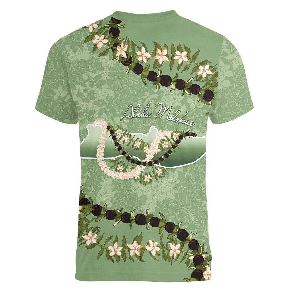 Hawaii Molokai Island Flowers Lei Women V-Neck T-Shirt Kukui Nut Mossy Green