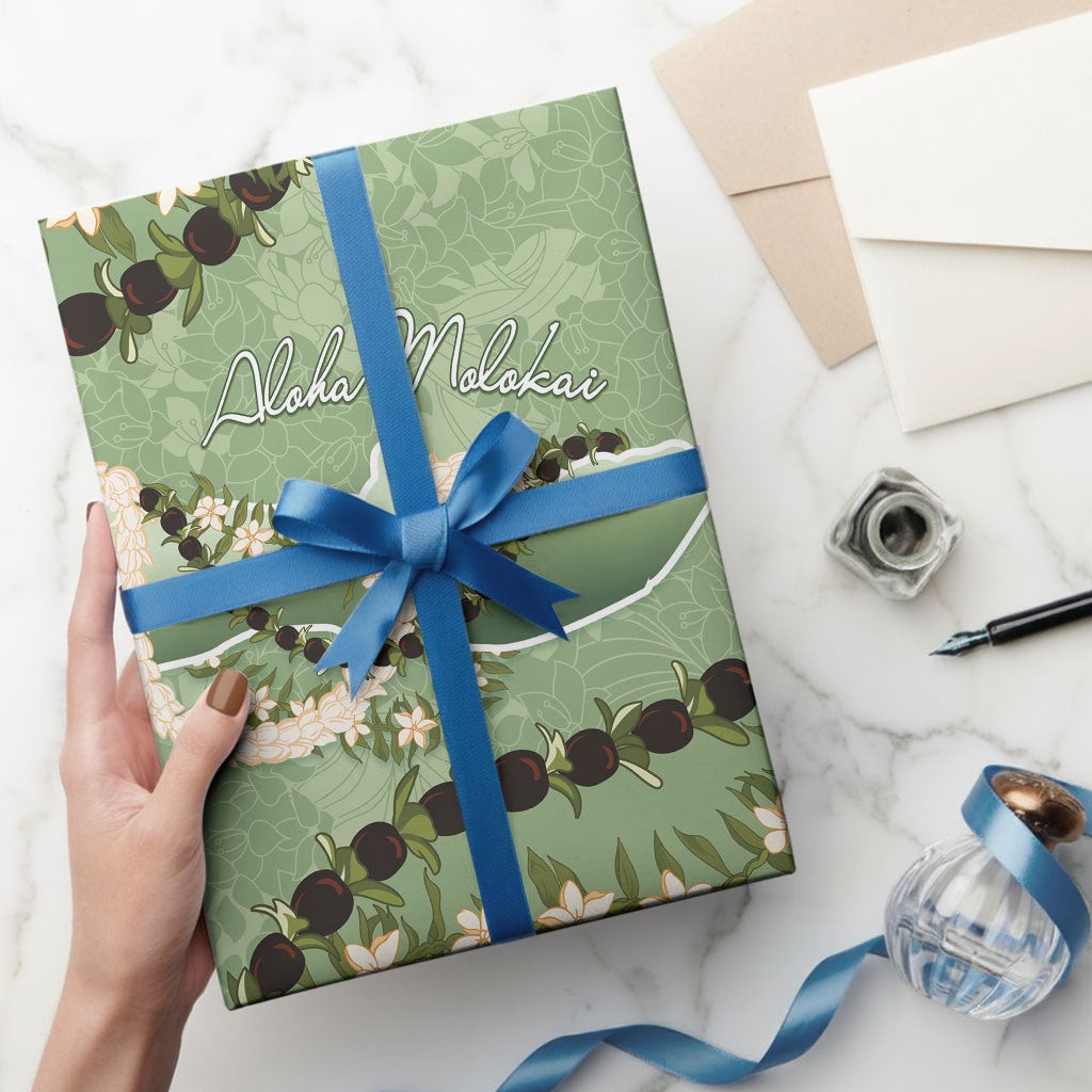 Hawaii Molokai Island Flowers Lei Wrapping Paper Kukui Nut Mossy Green
