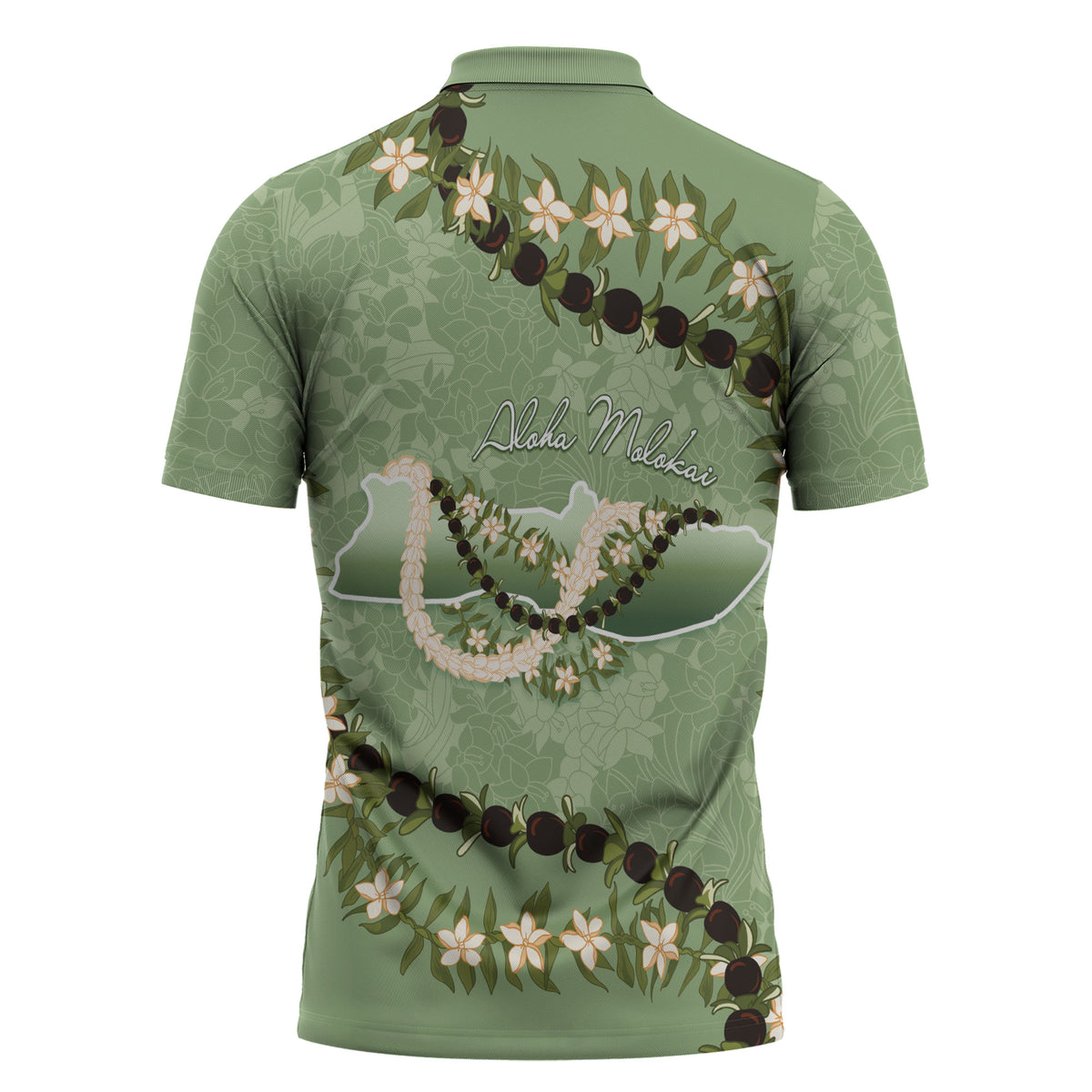 Hawaii Molokai Island Flowers Lei Zipper Polo Shirt Kukui Nut Mossy Green