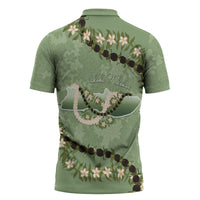 Hawaii Molokai Island Flowers Lei Zipper Polo Shirt Kukui Nut Mossy Green