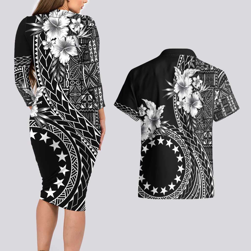 Kia Orana Cook Islands Couples Matching Long Sleeve Bodycon Dress and Hawaiian Shirt Tiare and Stars LT7 - Polynesian Pride