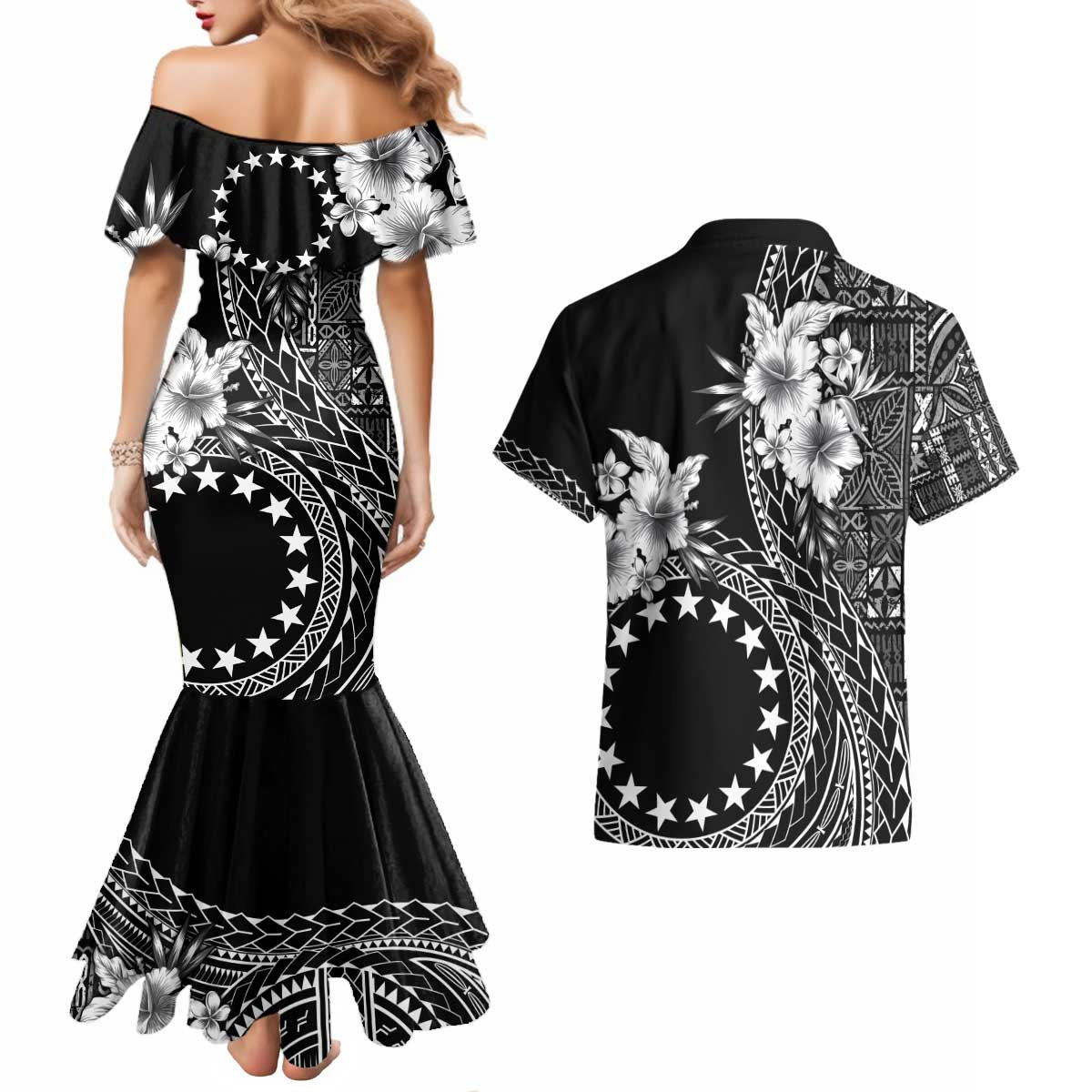 Kia Orana Cook Islands Couples Matching Mermaid Dress and Hawaiian Shirt Tiare and Stars LT7 - Polynesian Pride