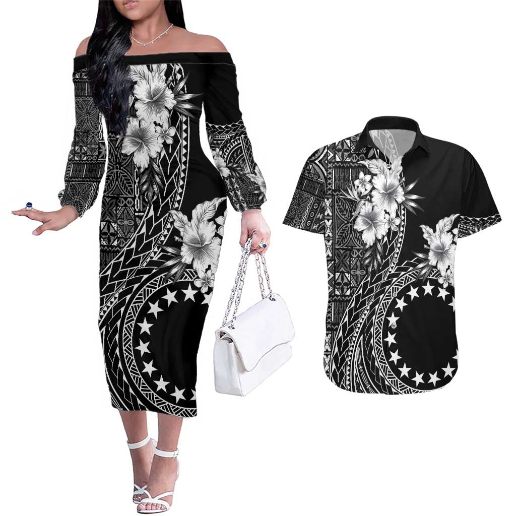 Kia Orana Cook Islands Couples Matching Off The Shoulder Long Sleeve Dress and Hawaiian Shirt Tiare and Stars
