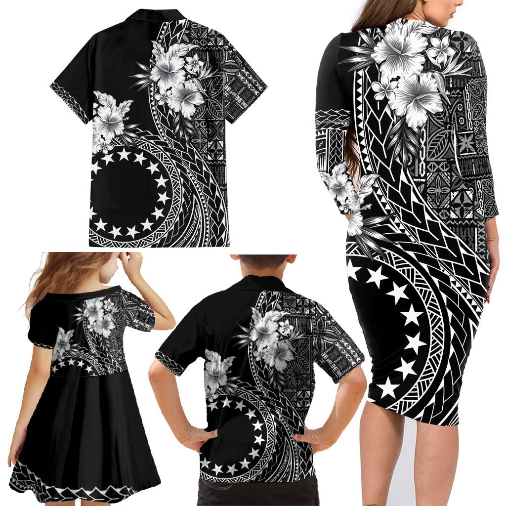 Kia Orana Cook Islands Family Matching Long Sleeve Bodycon Dress and Hawaiian Shirt Tiare and Stars LT7 - Polynesian Pride