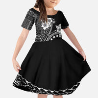 Kia Orana Cook Islands Family Matching Off The Shoulder Long Sleeve Dress and Hawaiian Shirt Tiare and Stars LT7 Daughter's Dress Black - Polynesian Pride