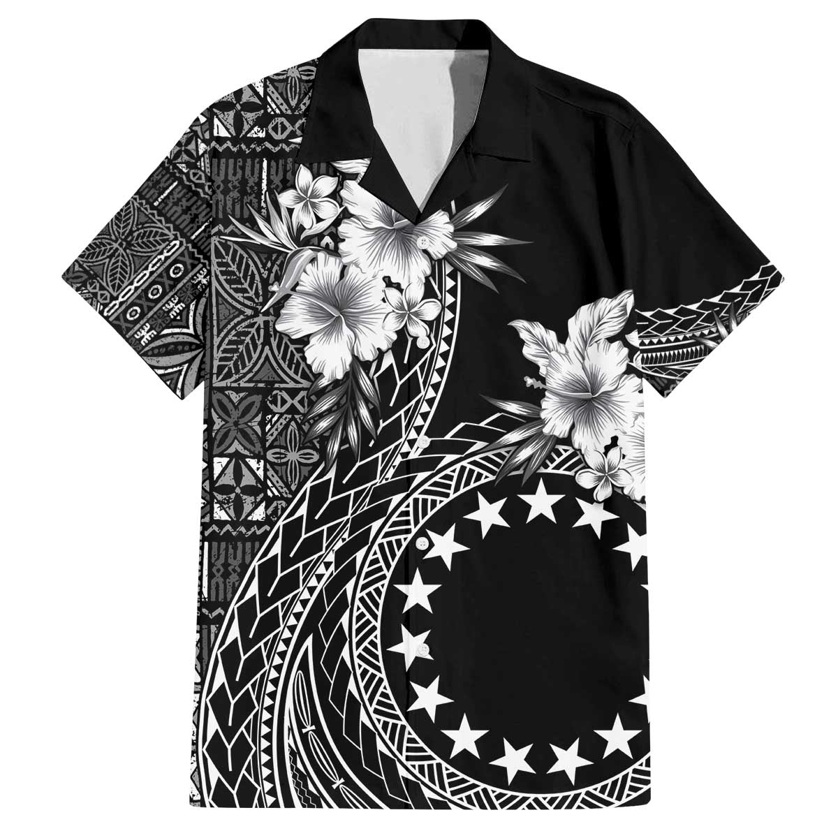 Kia Orana Cook Islands Family Matching Off The Shoulder Long Sleeve Dress and Hawaiian Shirt Tiare and Stars LT7 Dad's Shirt - Short Sleeve Black - Polynesian Pride