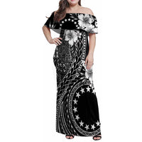 Kia Orana Cook Islands Family Matching Off Shoulder Maxi Dress and Hawaiian Shirt Tiare and Stars LT7 Mom's Dress Black - Polynesian Pride