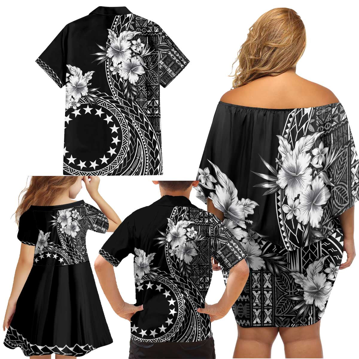 Kia Orana Cook Islands Family Matching Off Shoulder Short Dress and Hawaiian Shirt Tiare and Stars LT7 - Polynesian Pride