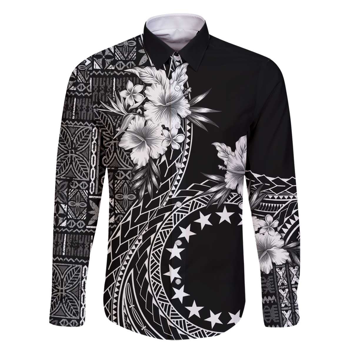 Kia Orana Cook Islands Family Matching Off Shoulder Short Dress and Hawaiian Shirt Tiare and Stars LT7 Dad's Shirt - Long Sleeve Black - Polynesian Pride