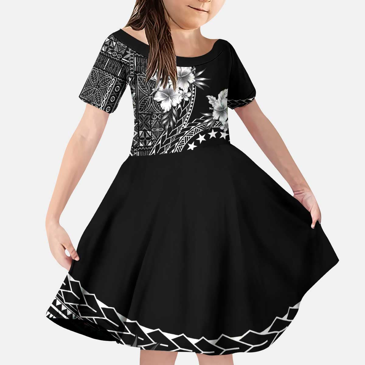Kia Orana Cook Islands Family Matching Puletasi and Hawaiian Shirt Tiare and Stars LT7 Daughter's Dress Black - Polynesian Pride