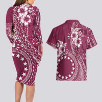 Kia Orana Cook Islands Couples Matching Long Sleeve Bodycon Dress and Hawaiian Shirt Tiare and Stars - Maroon LT7 - Polynesian Pride