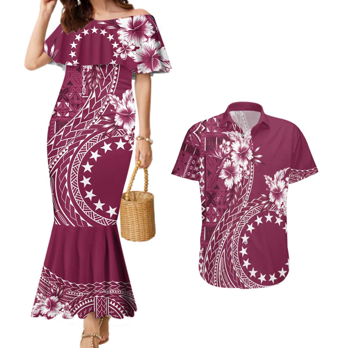 Kia Orana Cook Islands Couples Matching Mermaid Dress and Hawaiian Shirt Tiare and Stars - Maroon LT7 Maroon - Polynesian Pride