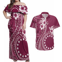 Kia Orana Cook Islands Couples Matching Off Shoulder Maxi Dress and Hawaiian Shirt Tiare and Stars - Maroon