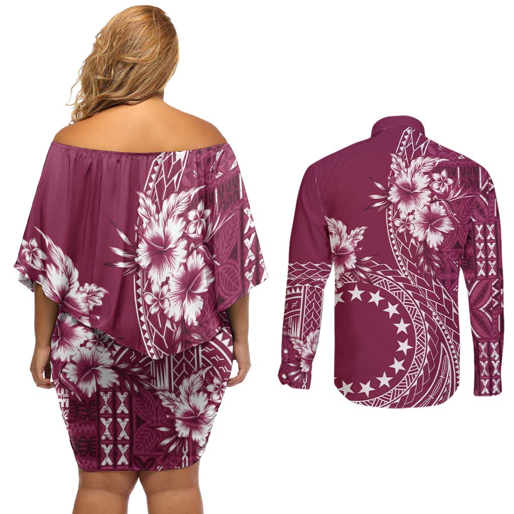 Kia Orana Cook Islands Couples Matching Off Shoulder Short Dress and Long Sleeve Button Shirt Tiare and Stars - Maroon LT7 - Polynesian Pride