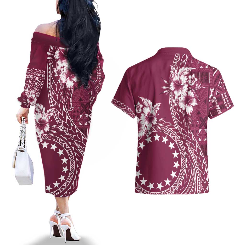 Kia Orana Cook Islands Couples Matching Off The Shoulder Long Sleeve Dress and Hawaiian Shirt Tiare and Stars - Maroon LT7 - Polynesian Pride