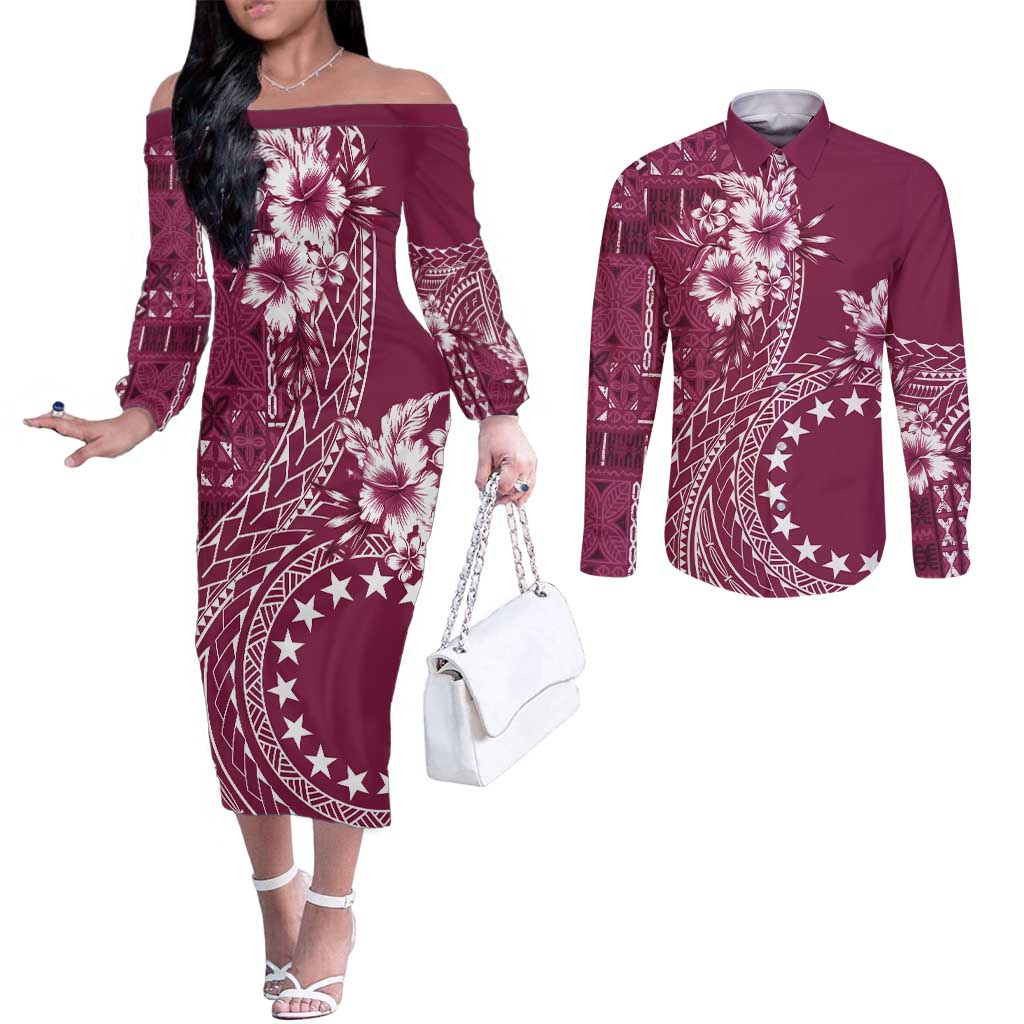 Kia Orana Cook Islands Couples Matching Off The Shoulder Long Sleeve Dress and Long Sleeve Button Shirt Tiare and Stars - Maroon LT7 Maroon - Polynesian Pride