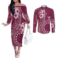 Kia Orana Cook Islands Couples Matching Off The Shoulder Long Sleeve Dress and Long Sleeve Button Shirt Tiare and Stars - Maroon LT7 Maroon - Polynesian Pride