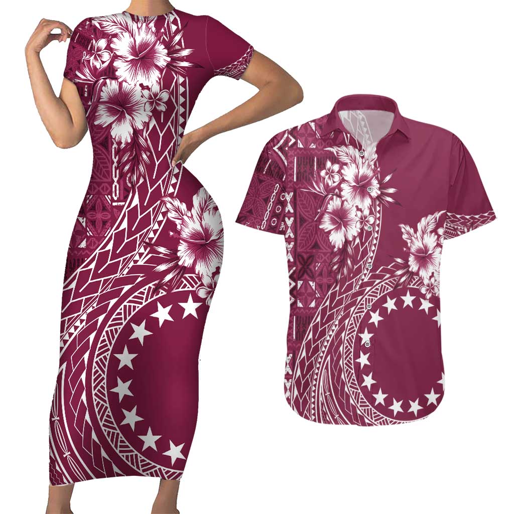 Kia Orana Cook Islands Couples Matching Short Sleeve Bodycon Dress and Hawaiian Shirt Tiare and Stars - Maroon LT7 Maroon - Polynesian Pride