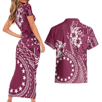 Kia Orana Cook Islands Couples Matching Short Sleeve Bodycon Dress and Hawaiian Shirt Tiare and Stars - Maroon LT7 - Polynesian Pride