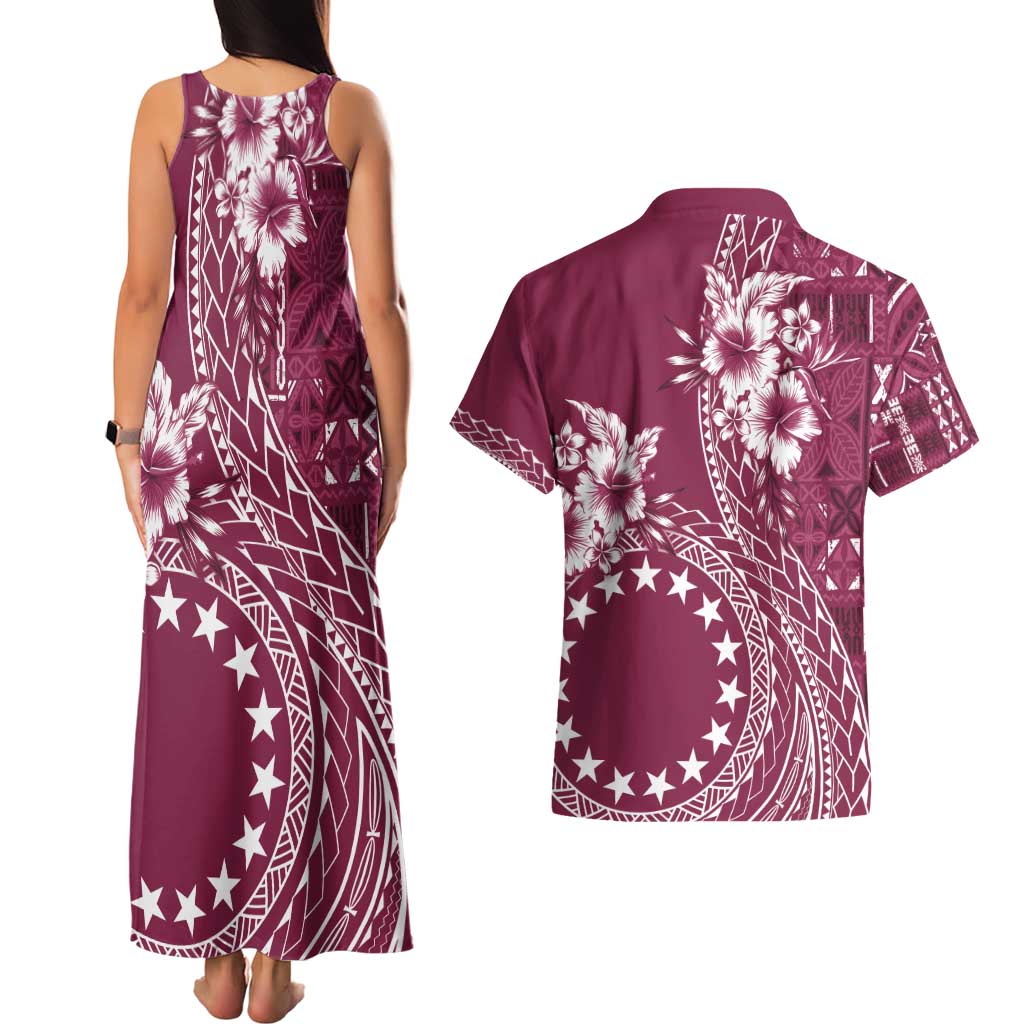 Kia Orana Cook Islands Couples Matching Tank Maxi Dress and Hawaiian Shirt Tiare and Stars - Maroon LT7 - Polynesian Pride