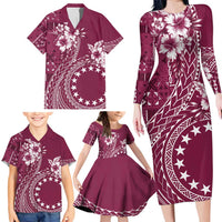 Kia Orana Cook Islands Family Matching Long Sleeve Bodycon Dress and Hawaiian Shirt Tiare and Stars - Maroon LT7 - Polynesian Pride
